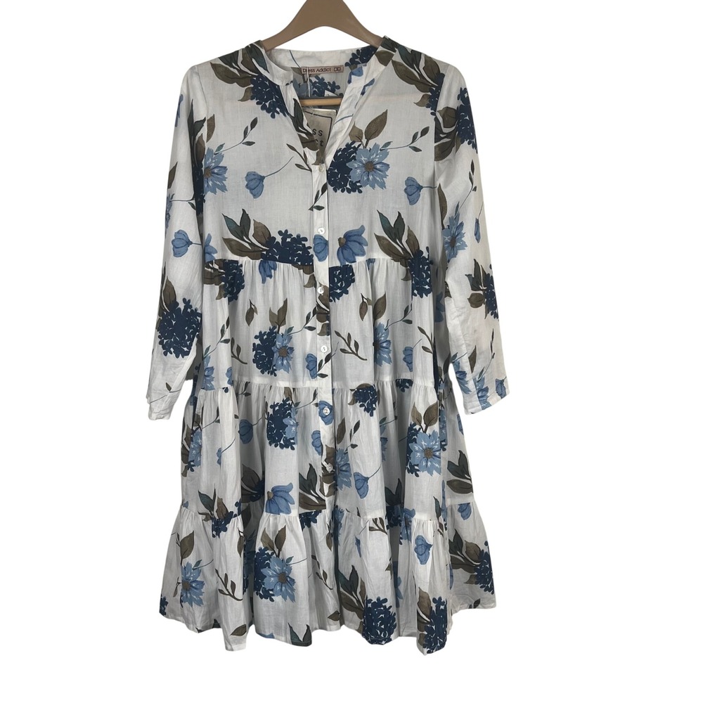 Dress Addict Womens July Floral 3 Tiered Cotton Button Mini Dress White Blue S